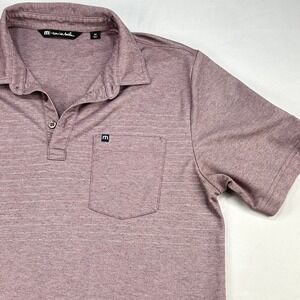 TravisMathew Mens Polo Shirt M Light Burgundy Striped Short Sleeve Golf Pocket